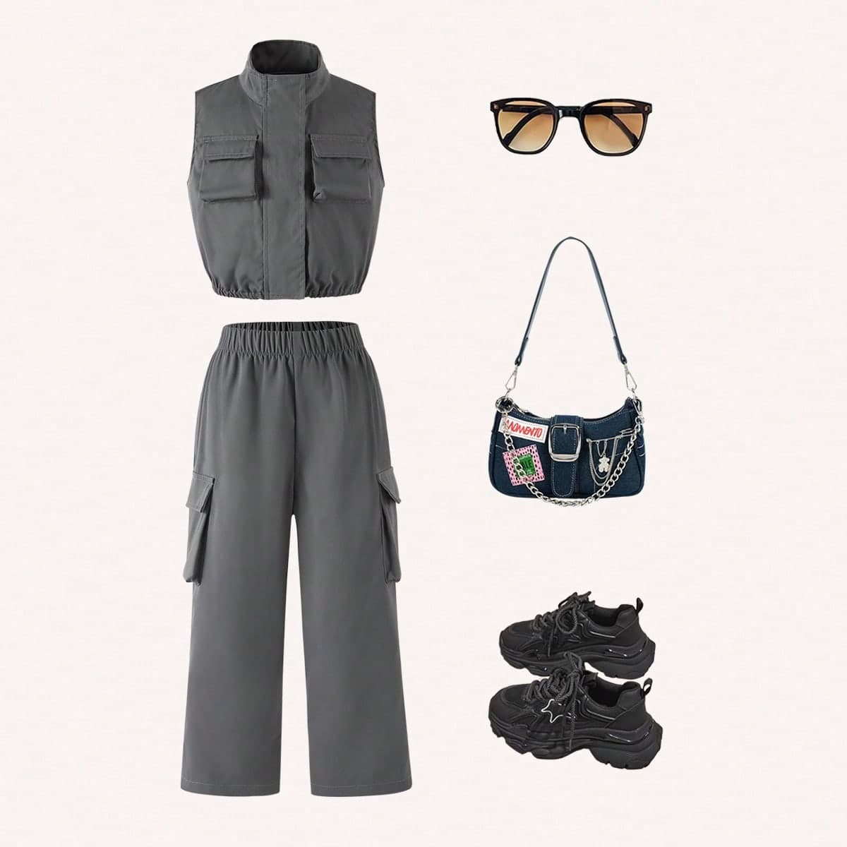 Veste Gilet De Travail Gris Ã€ La Mode Et Pantalon Cargo Ã€ Large Jambe Pour Les Petites Filles, Tous Les Deux Avec Des Poches Pratiques, Ajoutant