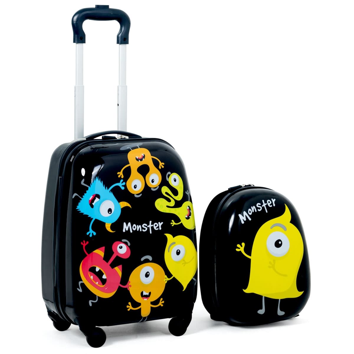 CostwayValise 16’’ et Sac à Dos 12’’ pour Enfants Lot de 2 Bagages à Main avec Roulettes en PC et ABS avec Motif Petit Monstre